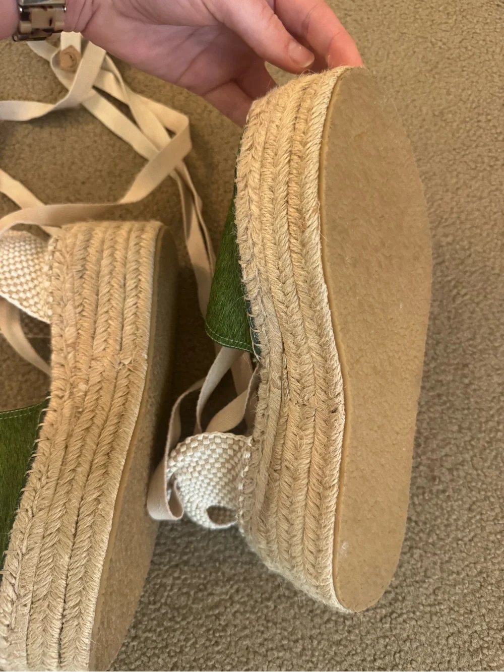 Womens Green Espadrille Platform Sandal with Ankle Tie